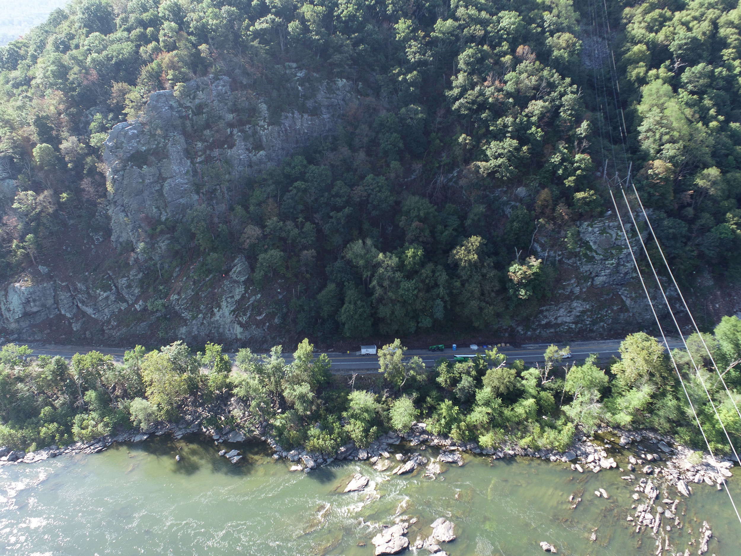 WVDOT captured drone footage of large overhanging rocks on US 340.