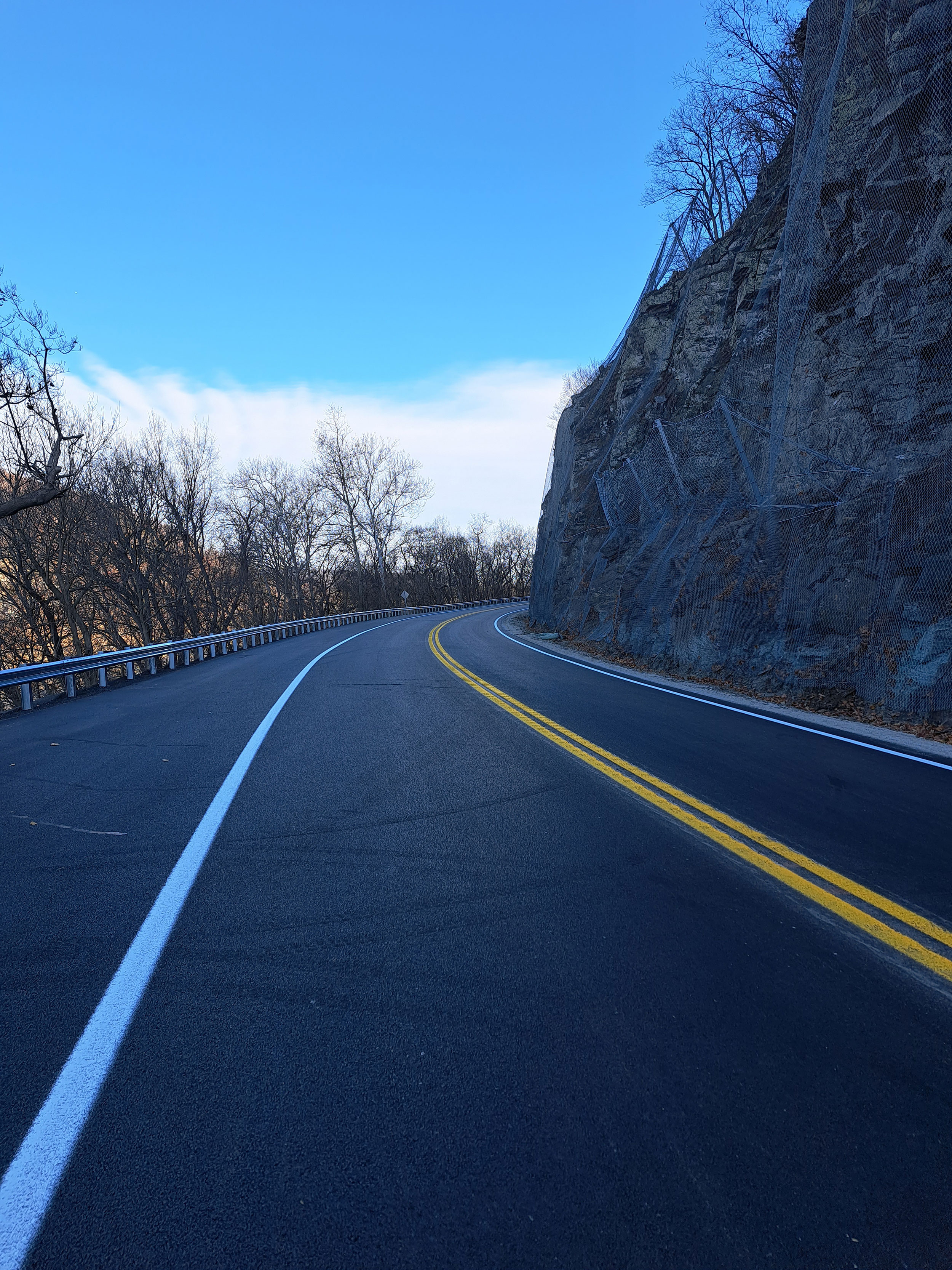 View of completed US 340 Rock Slide Remediation project.  Project includes new paved, paved shoulders, guardrail, and rumble strips.
