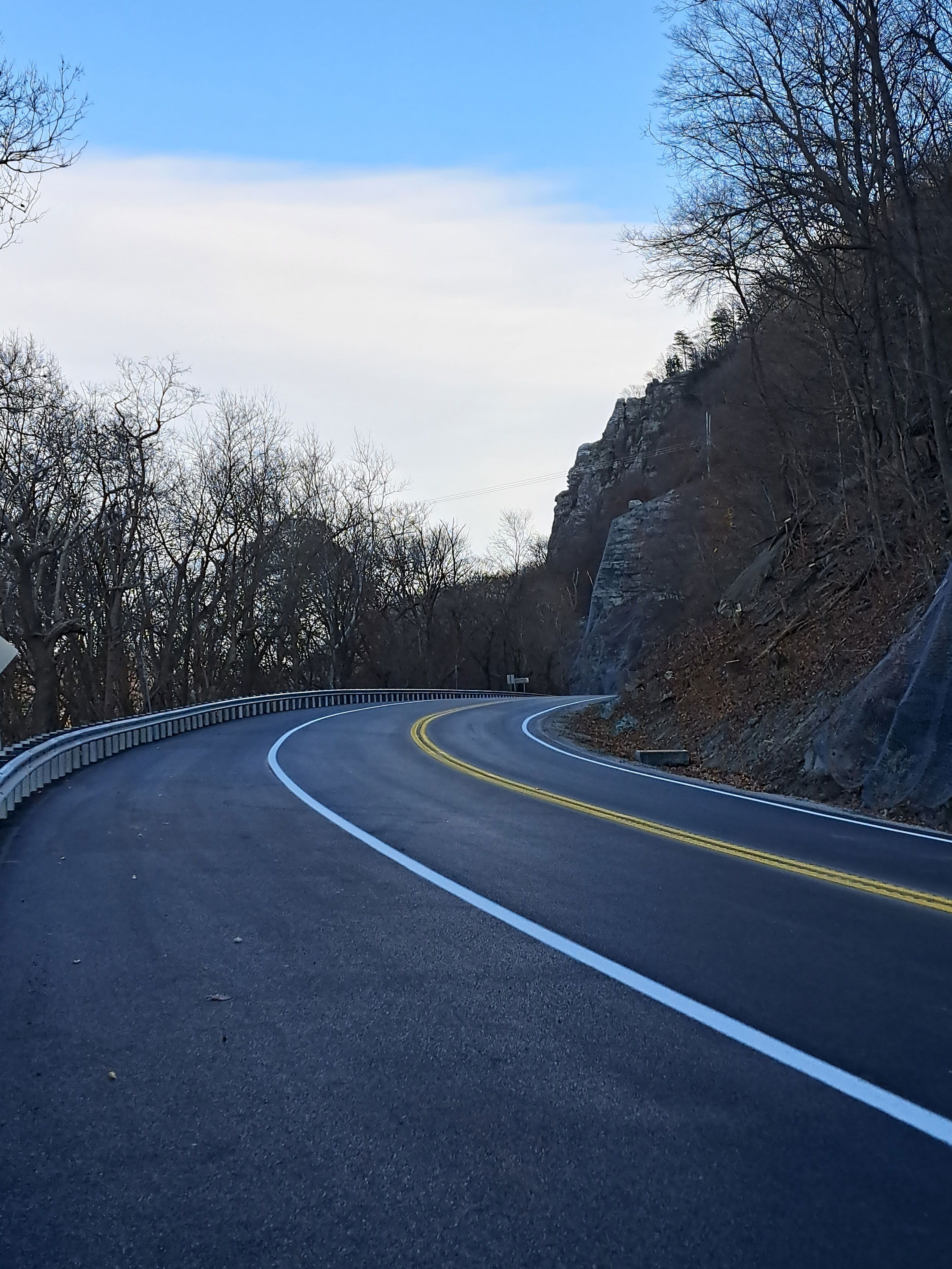 View of completed US 340 Rock Slide Remediation project.  Project includes new paved, paved shoulders, guardrail, and rumble strips.